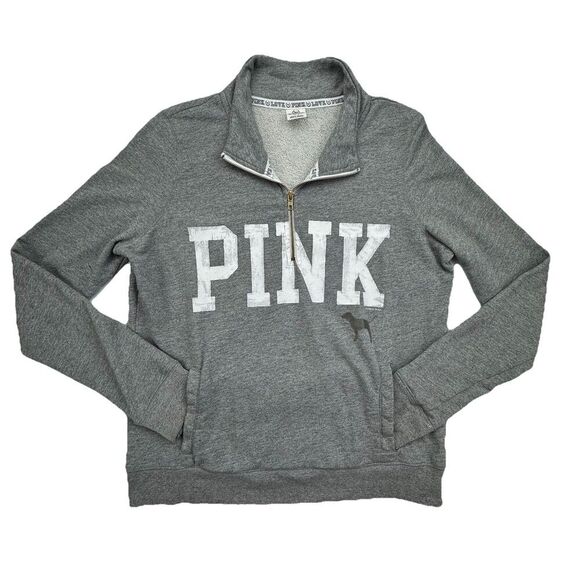 Victoria Secret Pink Light Grey Quarter Zip Sweatshirt Size Medium - Picture 1 of 10